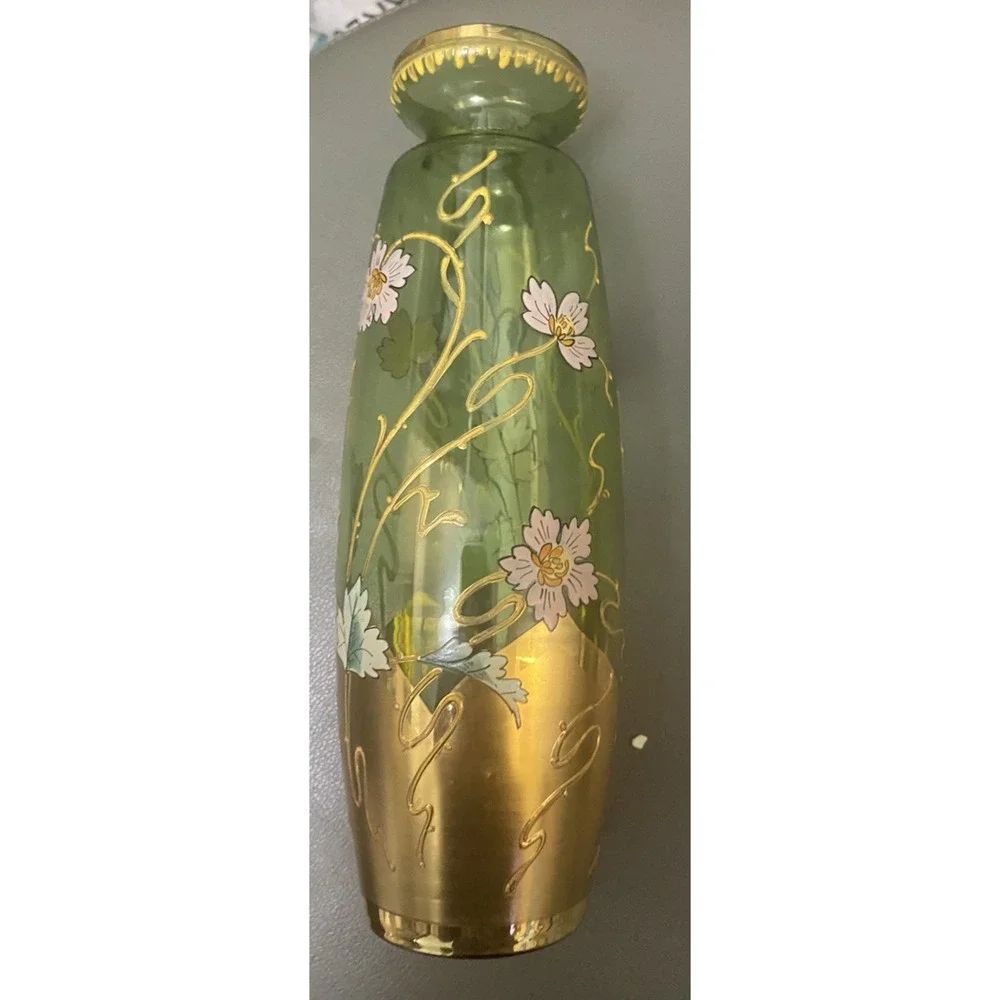 Fritz Heckert Style Art Nouveau Green Floral Gilt Enamel Blown Glass Vase 9.25